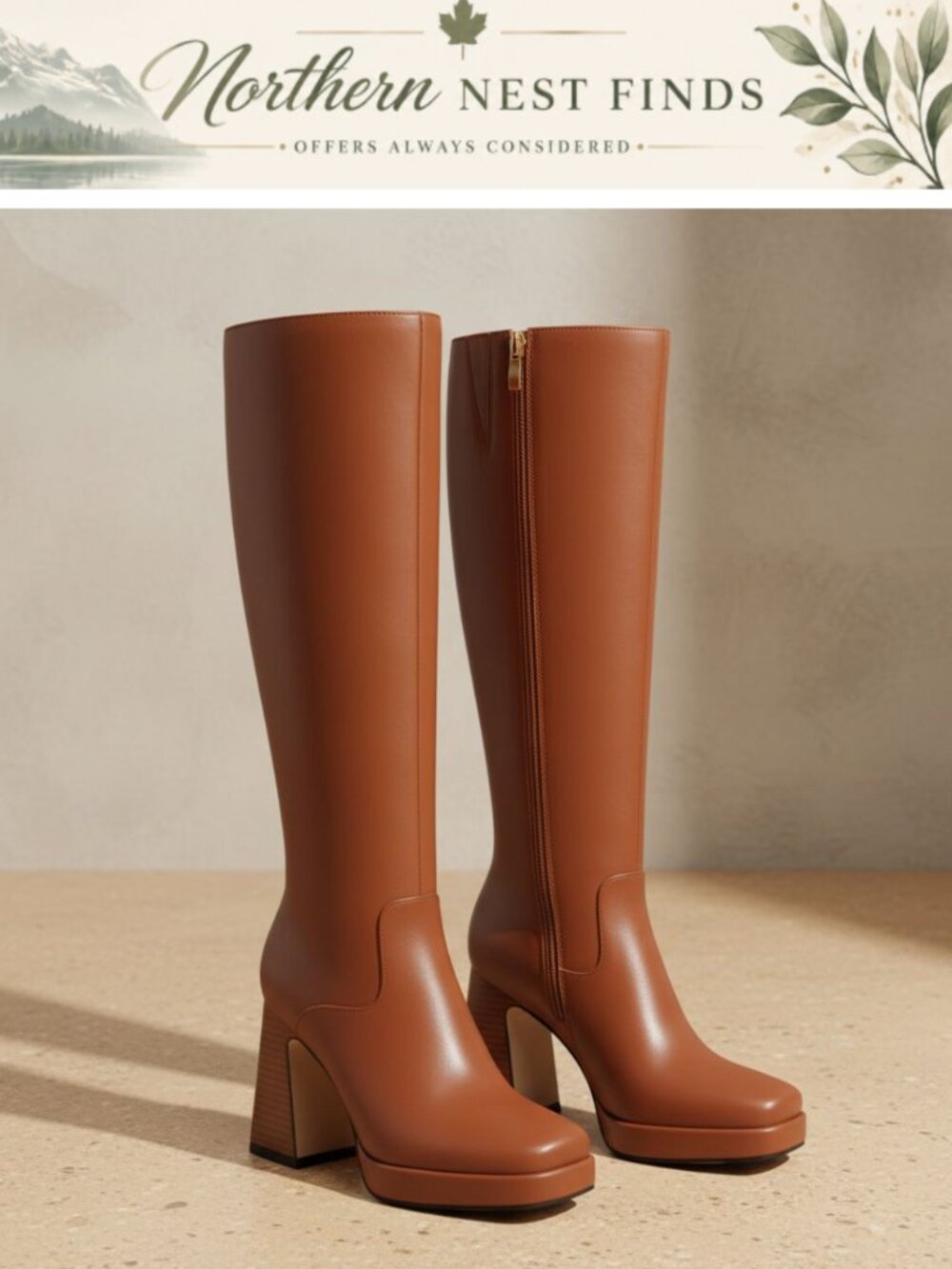 Women's Knee High Boots Faux Leather Chunky Platform Square Toe Side Zipper